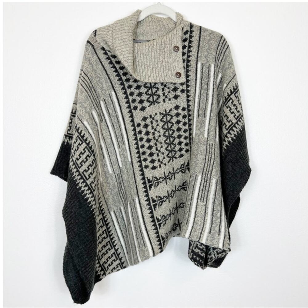 Yaira Poncho Sweater Turtleneck Tan & Gray Women's One Size